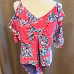 Nicole Miller Pink and Blue Leaf Print One Piece Swimsuit, NWT, M